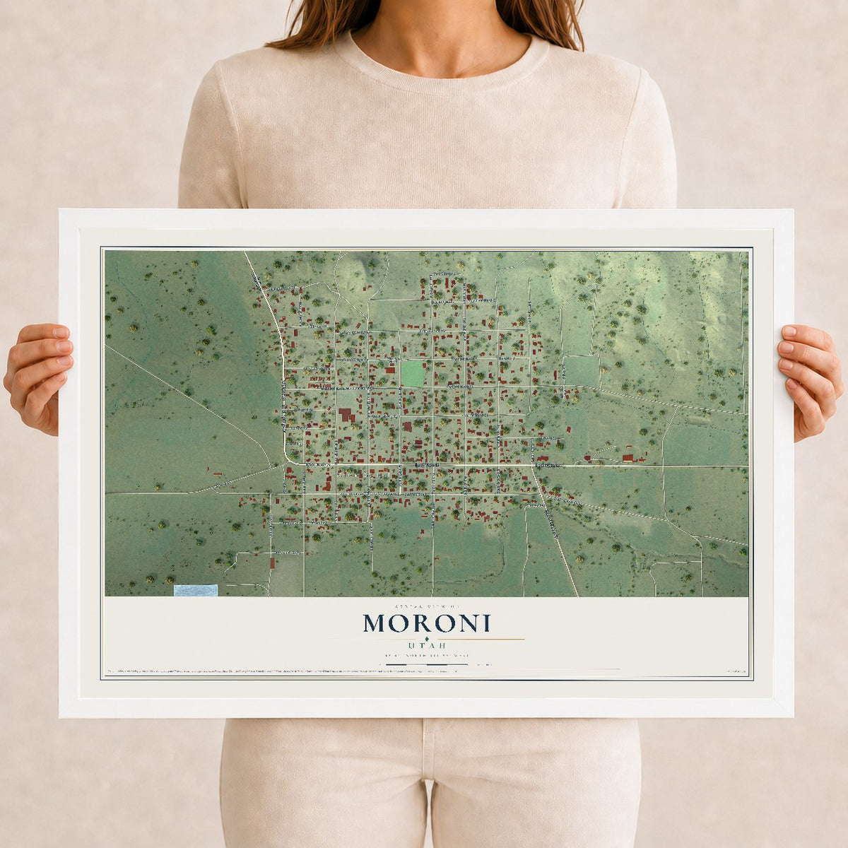 Map of Moroni, Utah, 12 x 18 inch print in a white wood frame