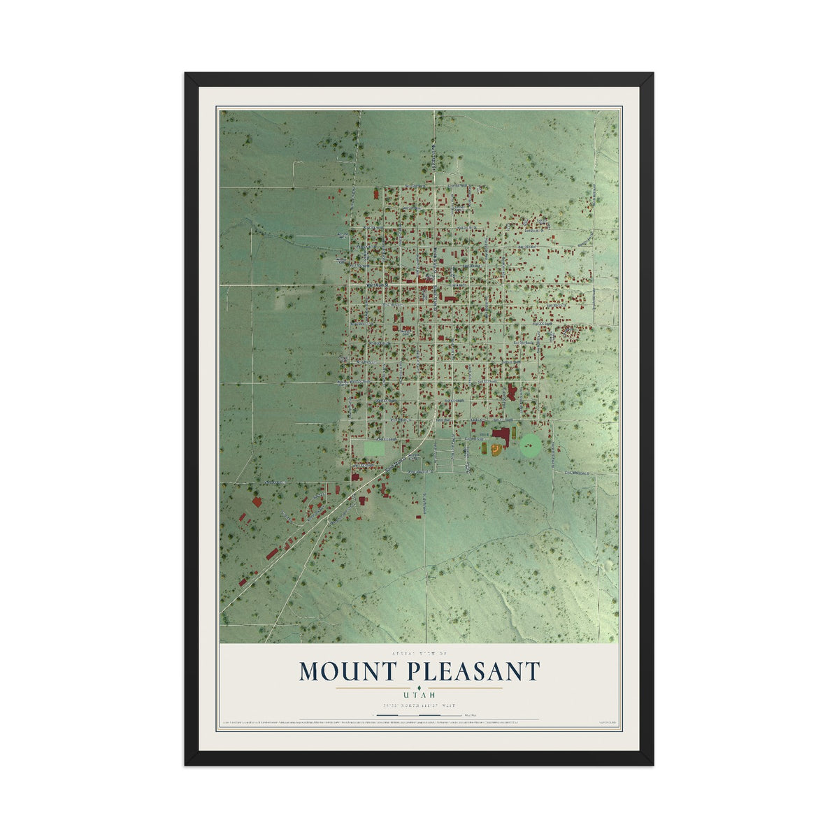 Map of Mount Pleasant, Utah, 12 x 18 inch print in a black wood frame