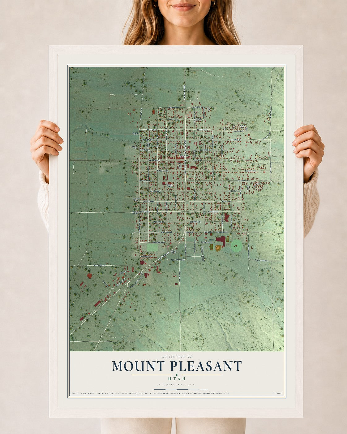 Map of Mount Pleasant, Utah, 24 x 36 inch print in a white wood frame