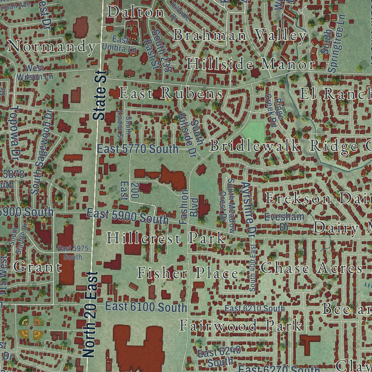 Second close-up of the map of Murray, Utah print showing more streets and buildings