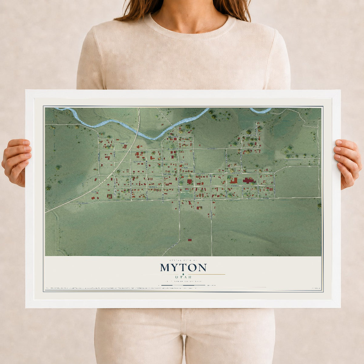 Map of Myton, Utah, 12 x 18 inch print in a white wood frame