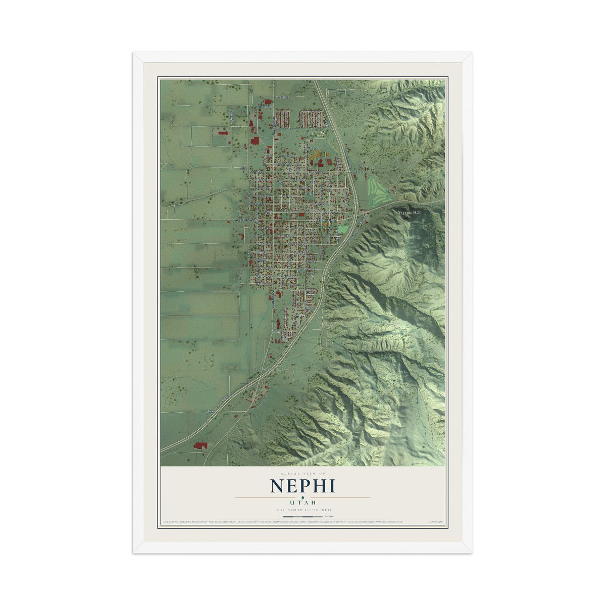 Map of Nephi, Utah, 12 x 18 inch print in a white wood frame