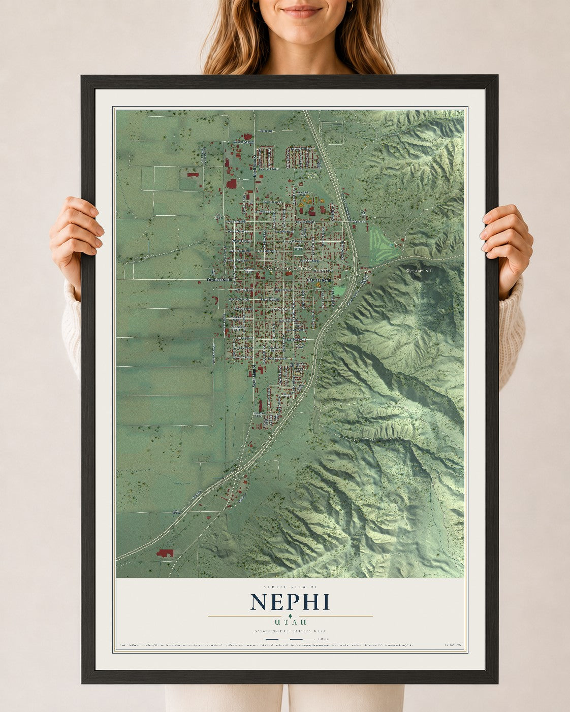 Map of Nephi, Utah, 24 x 36 inch print in a black wood frame