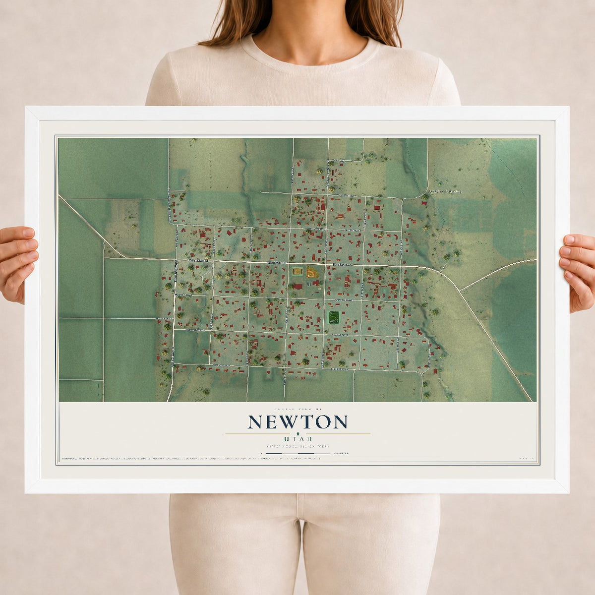 Map of Newton, Utah, 18 x 24 inch print in a white wood frame
