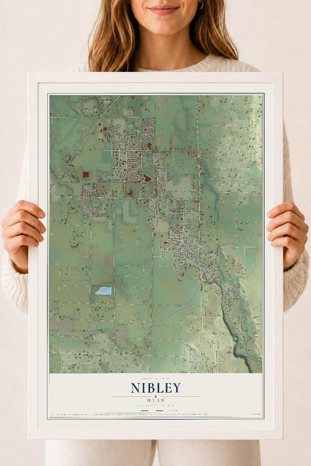 Map of Nibley, Utah, 18 x 24 inch print in a white wood frame