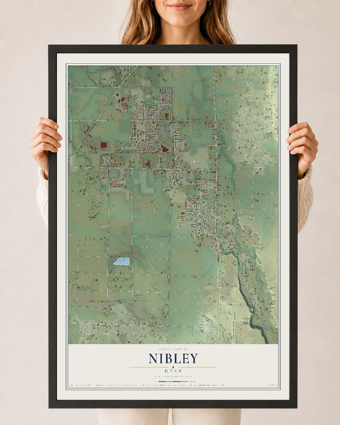 Map of Nibley, Utah, 24 x 36 inch print in a black wood frame