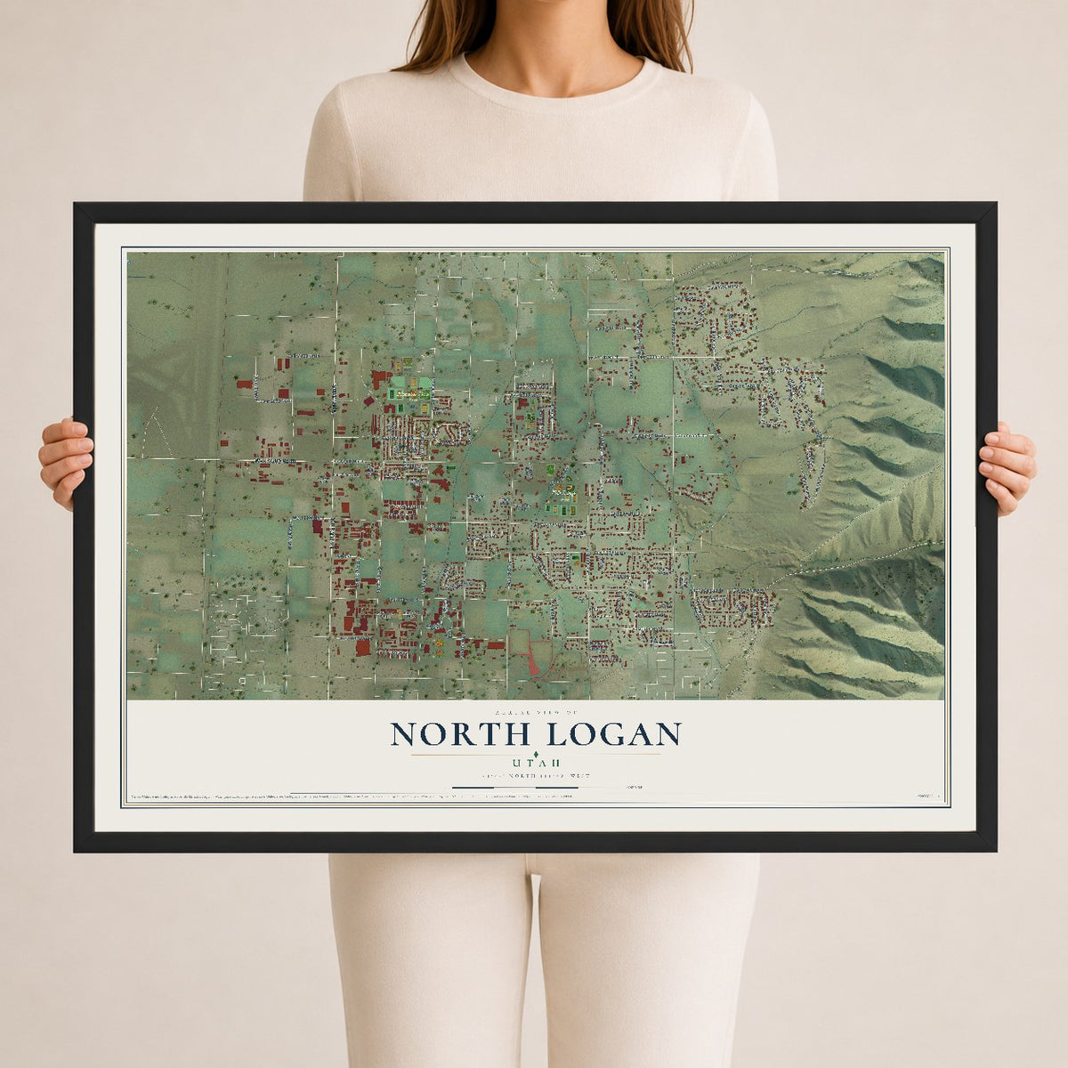 Map of North Logan, Utah, 24 x 36 inch print in a black wood frame