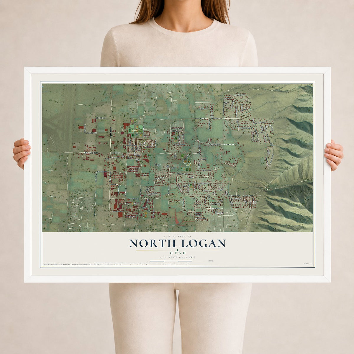 Map of North Logan, Utah, 24 x 36 inch print in a white wood frame