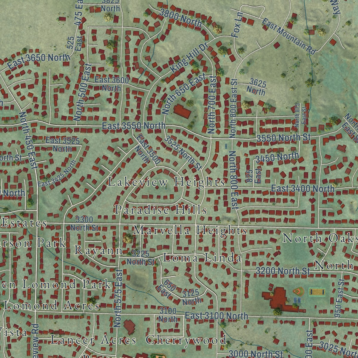 Close-up of the map of North Ogden, Utah print showing street and building detail