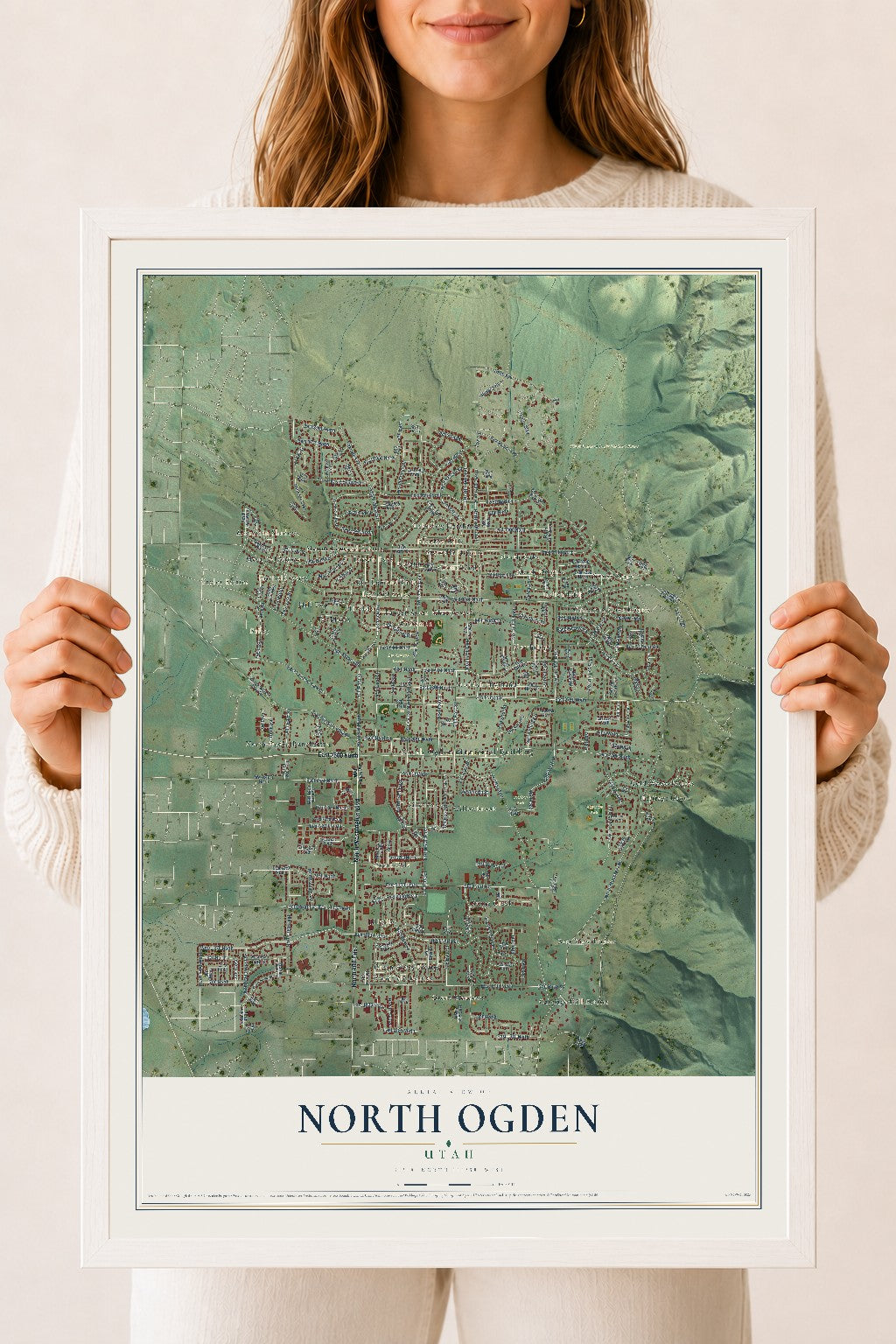 Map of North Ogden, Utah, 18 x 24 inch print in a white wood frame