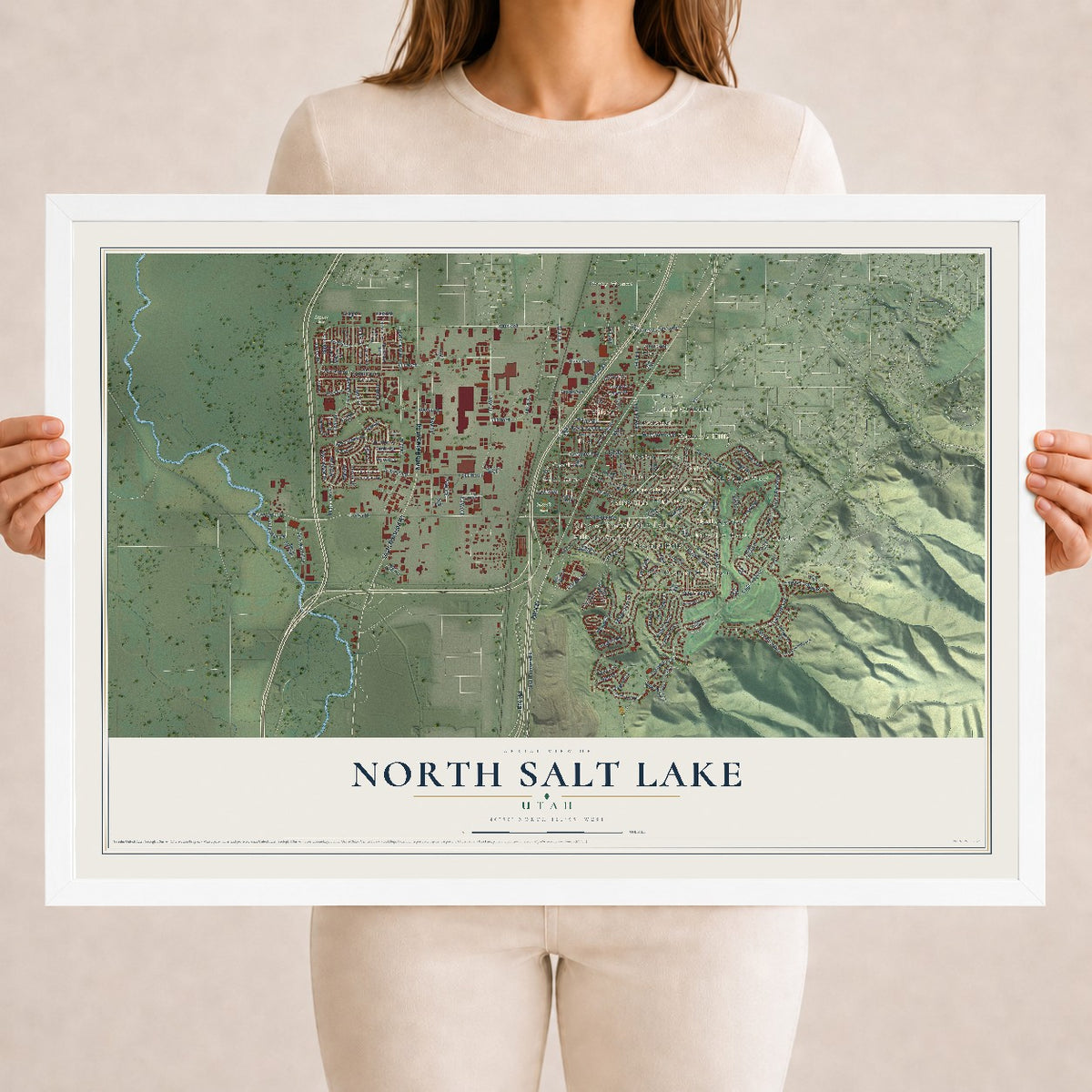 Map of North Salt Lake, Utah, 18 x 24 inch print in a white wood frame