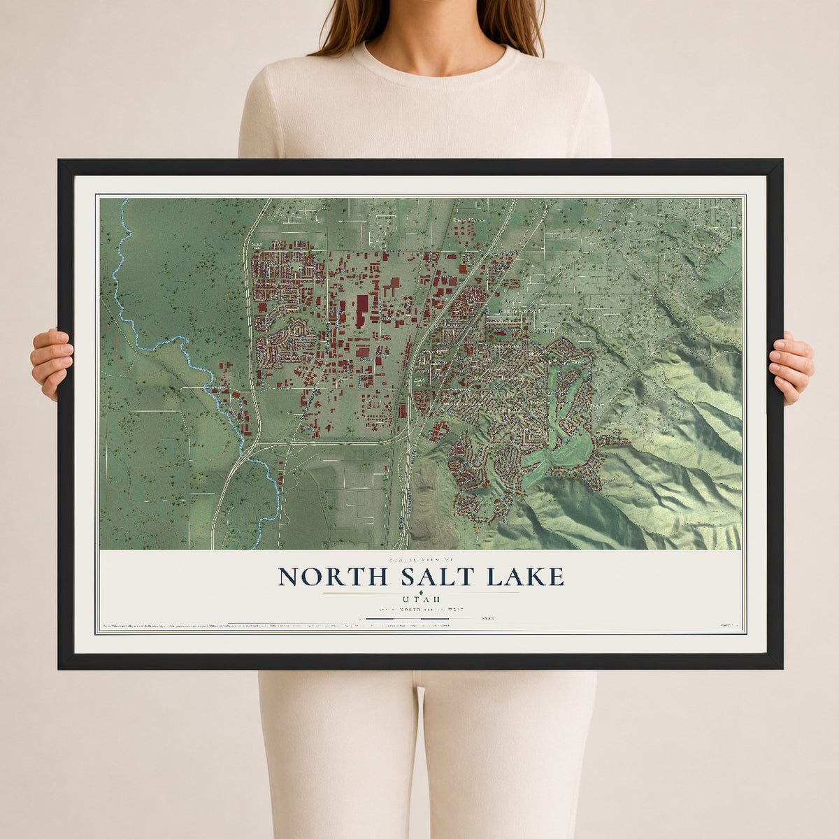 Map of North Salt Lake, Utah, 24 x 36 inch print in a black wood frame