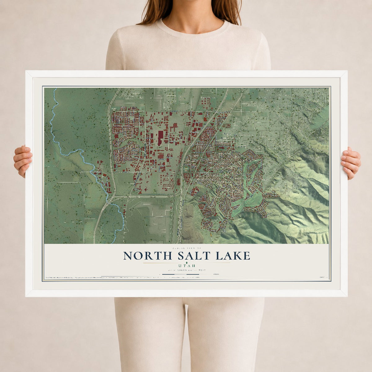 Map of North Salt Lake, Utah, 24 x 36 inch print in a white wood frame