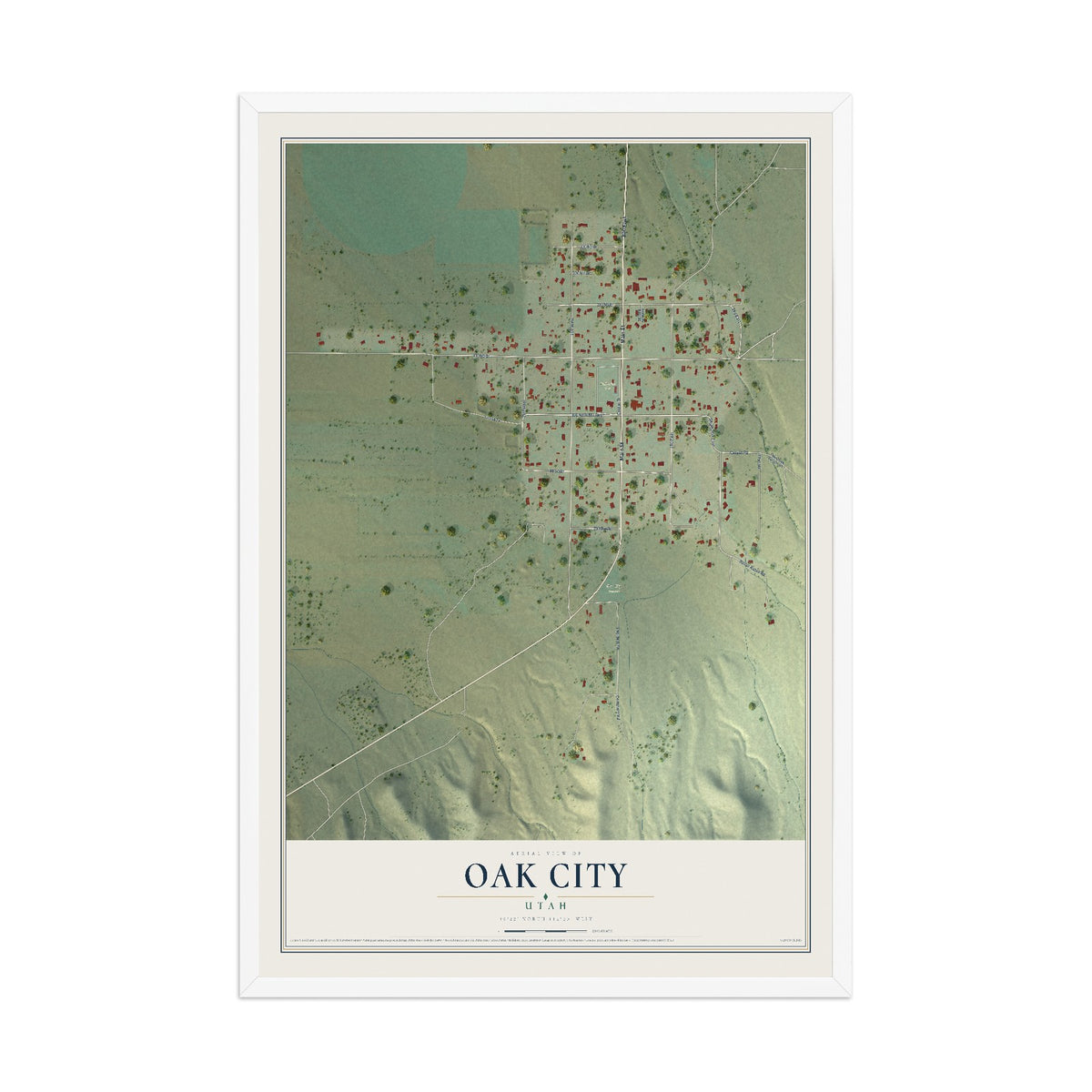 Map of Oak City, Utah, 12 x 18 inch print in a white wood frame