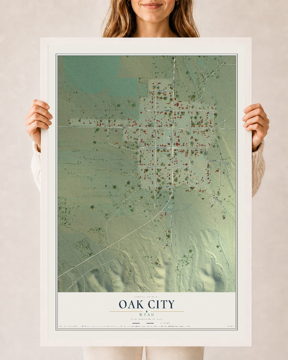 Map of Oak City, Utah, 24 x 36 inch print in a white wood frame