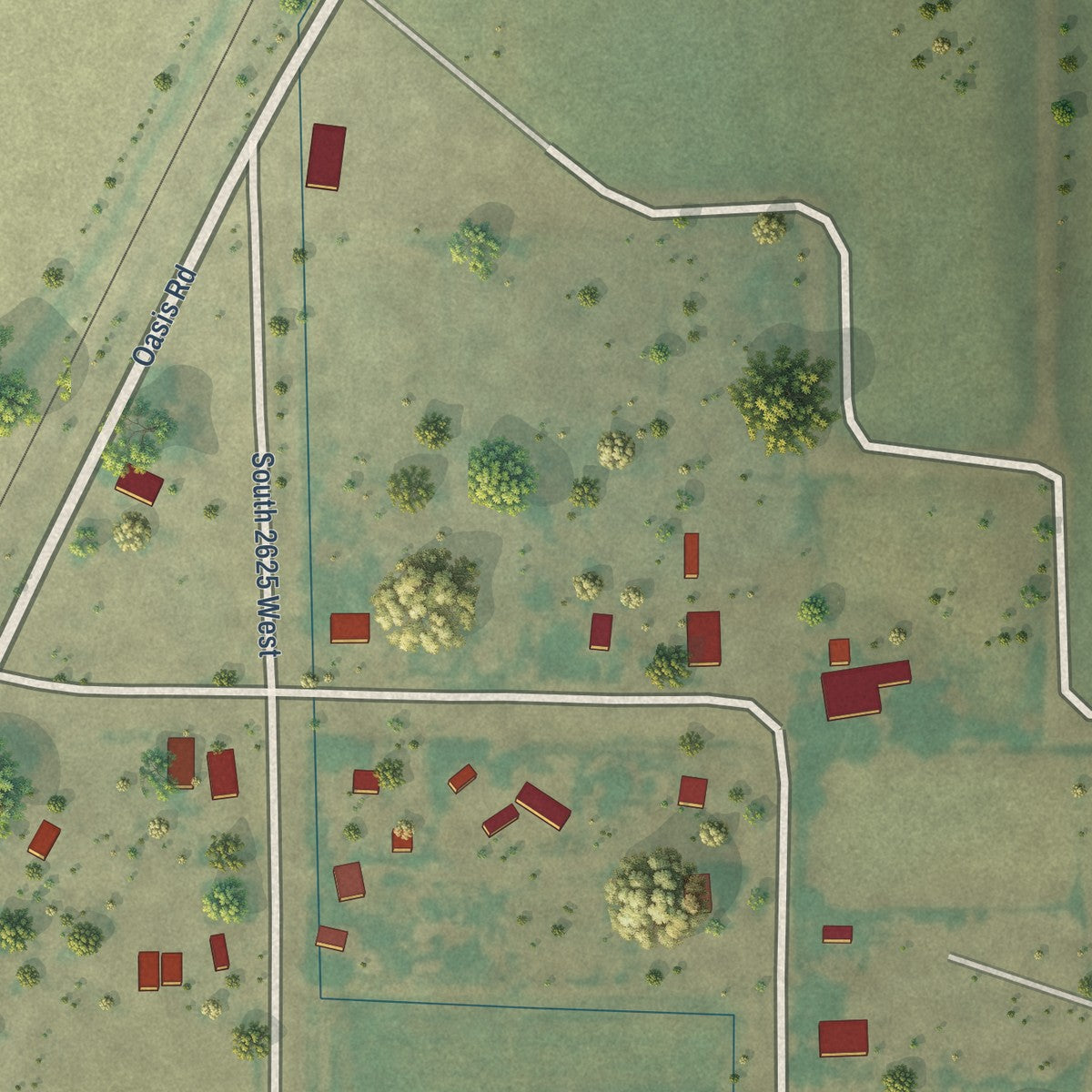 Close-up of the map of Oasis, Utah print showing street and building detail