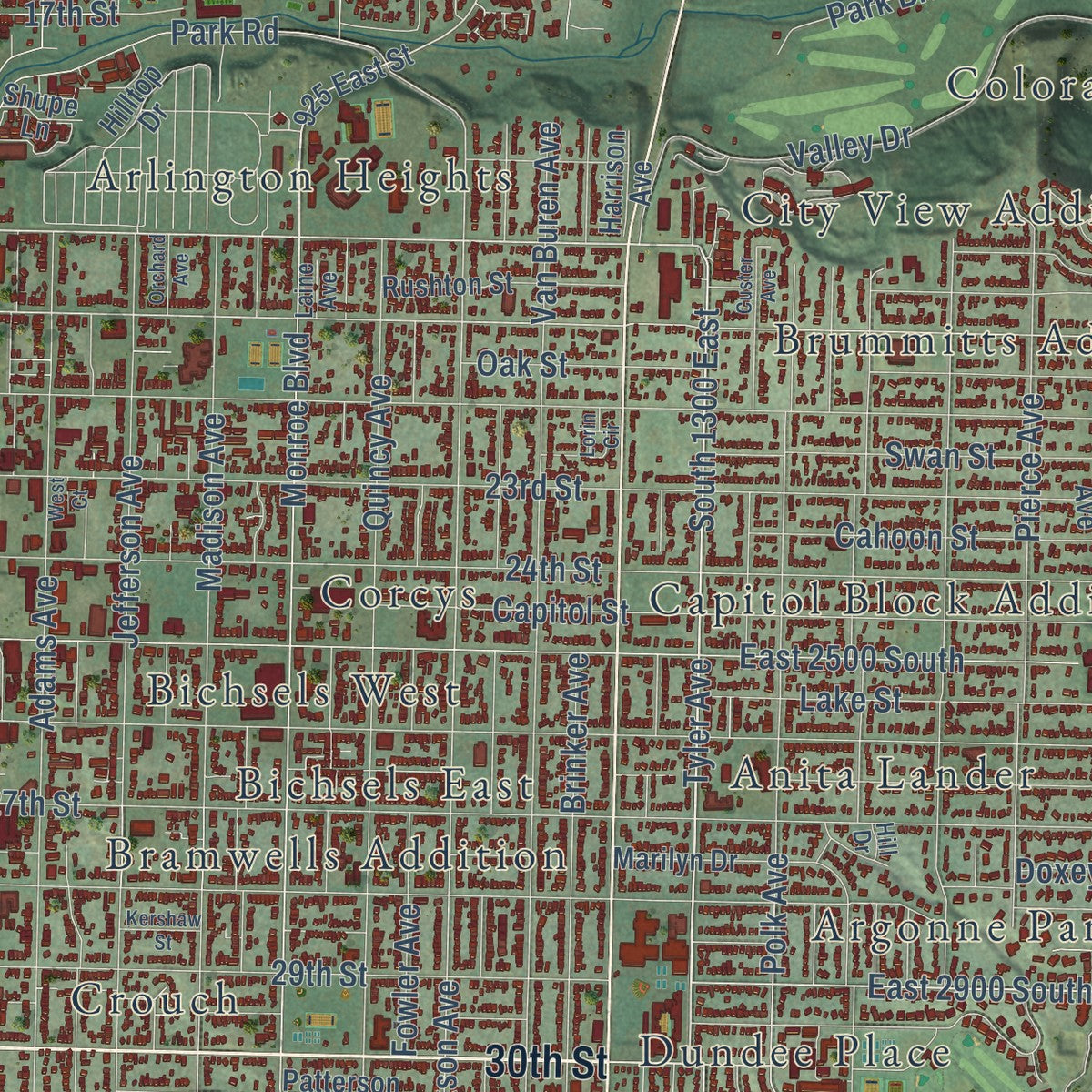 Close-up of the map of Ogden, Utah print showing street and building detail