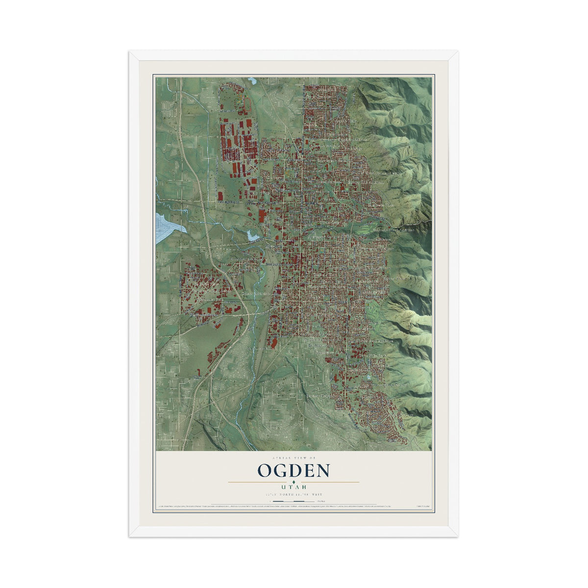 Map of Ogden, Utah, 12 x 18 inch print in a white wood frame