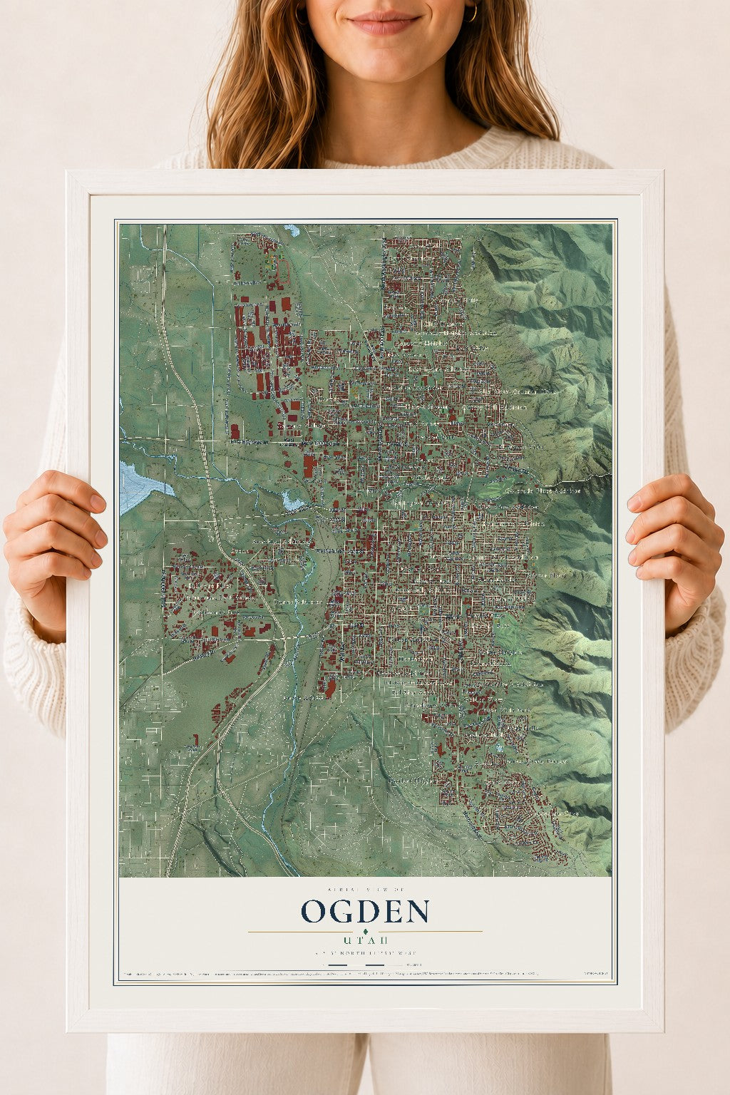 Map of Ogden, Utah, 18 x 24 inch print in a white wood frame