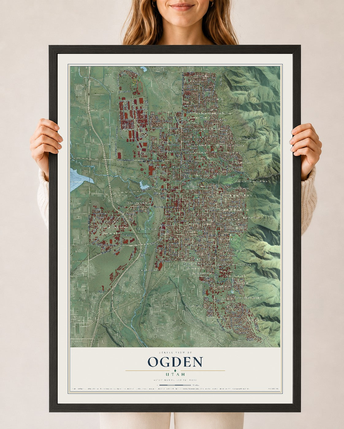 Map of Ogden, Utah, 24 x 36 inch print in a black wood frame