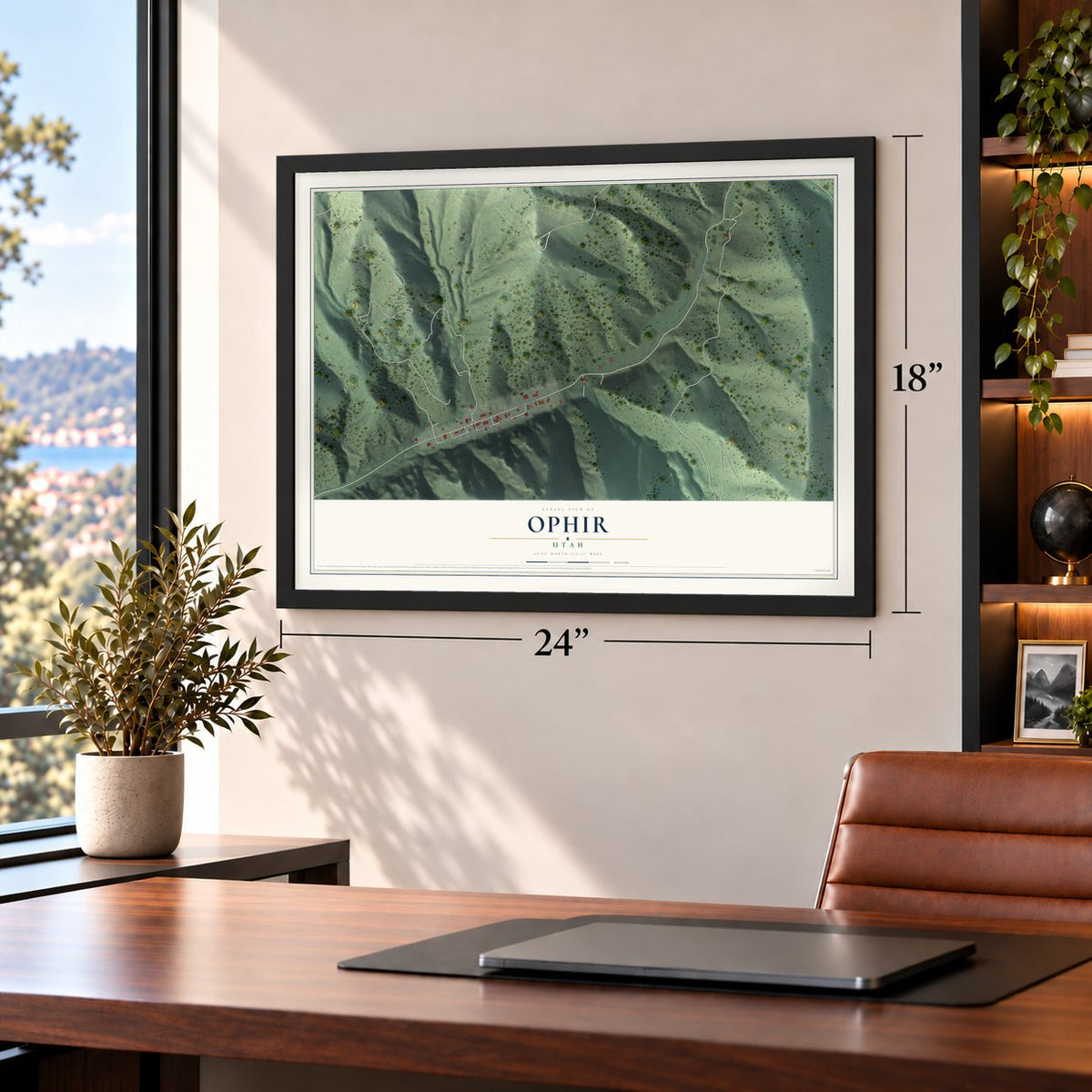 Ophir, Utah map, 18 x 24 inch print in a black frame in a home office