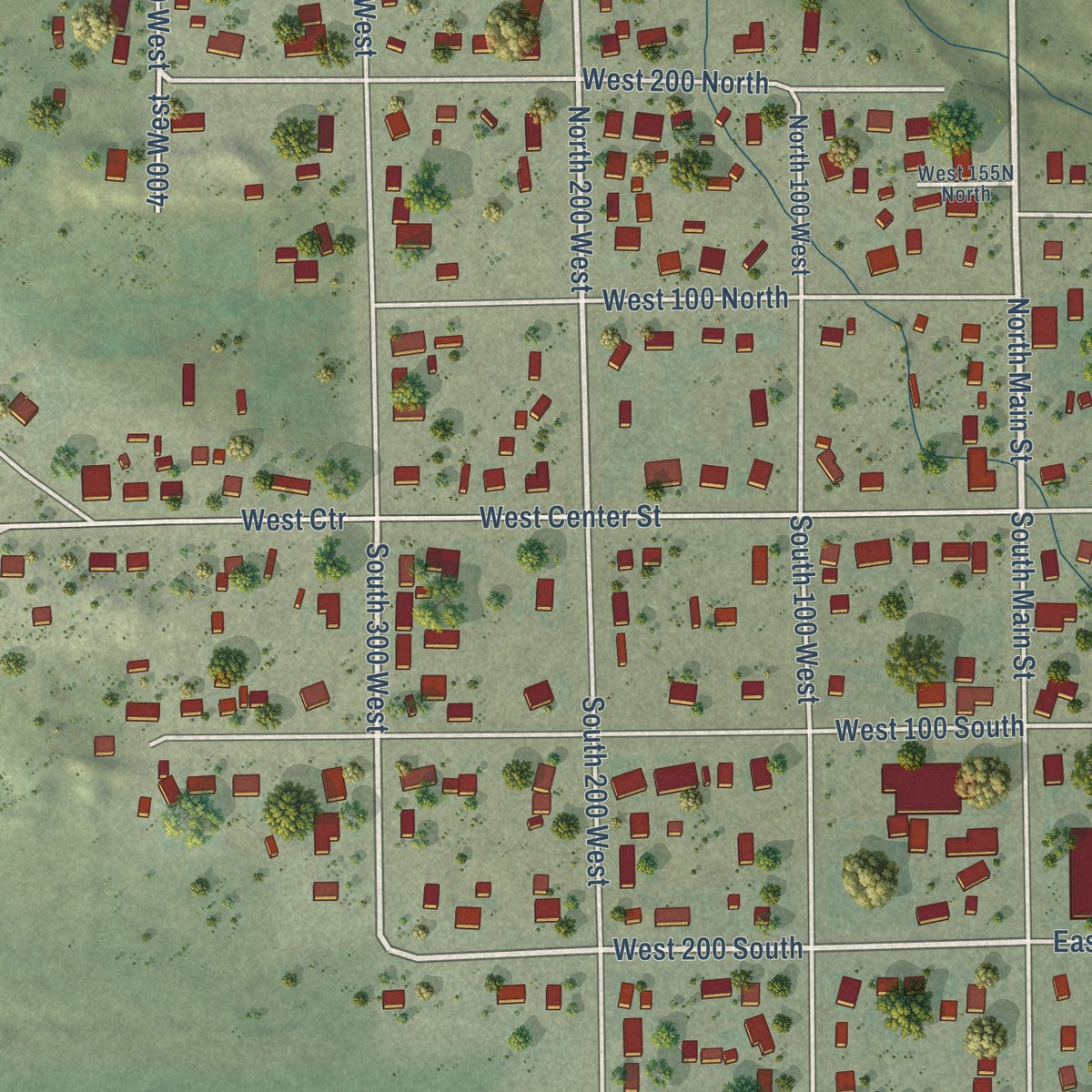 Close-up of the map of Orangeville, Utah print showing street and building detail
