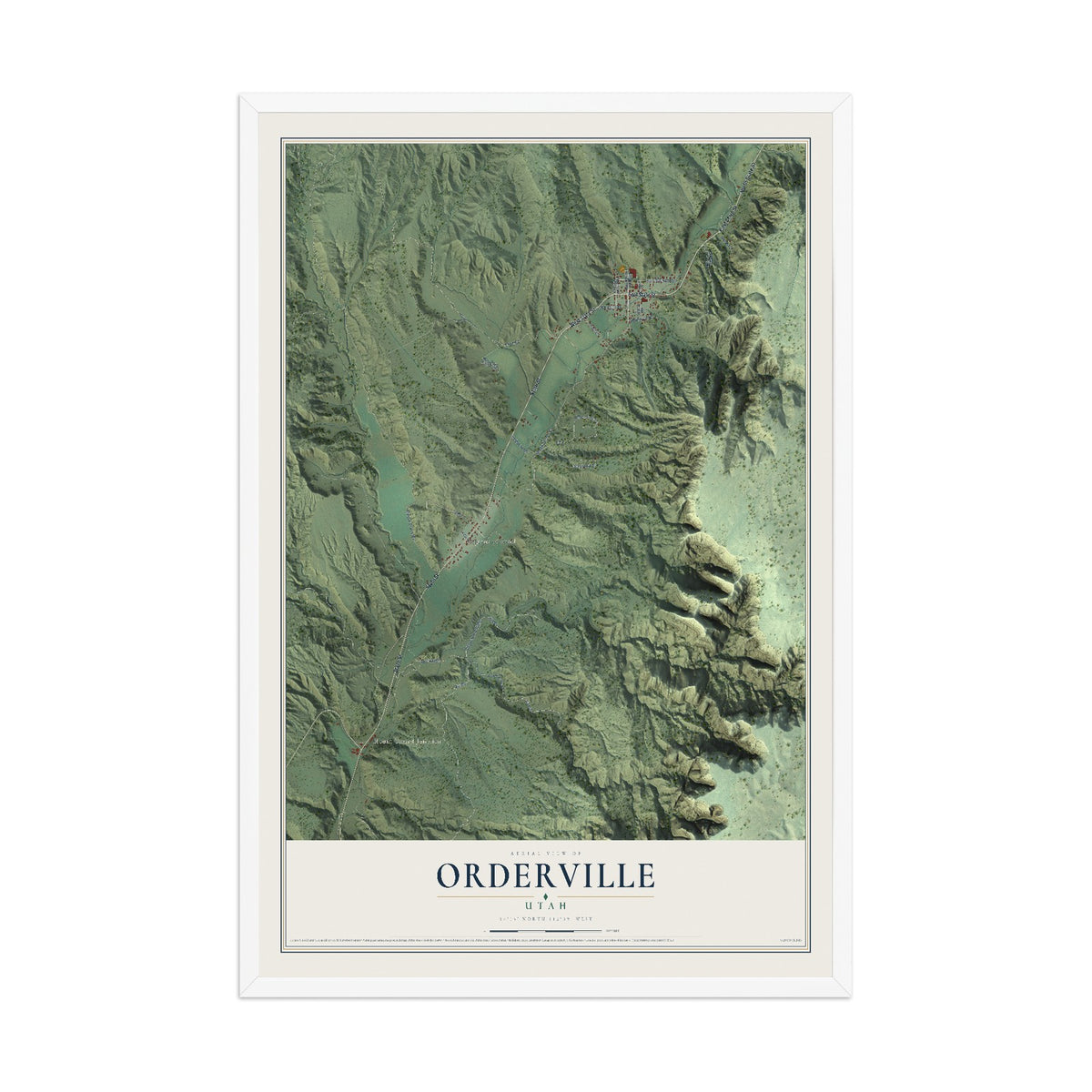 Map of Orderville, Utah, 12 x 18 inch print in a white wood frame