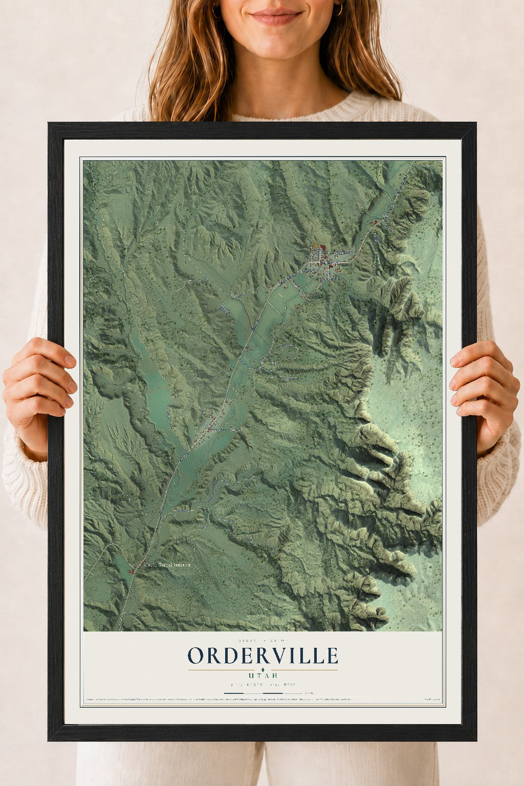 Map of Orderville, Utah, 18 x 24 inch print in a black wood frame