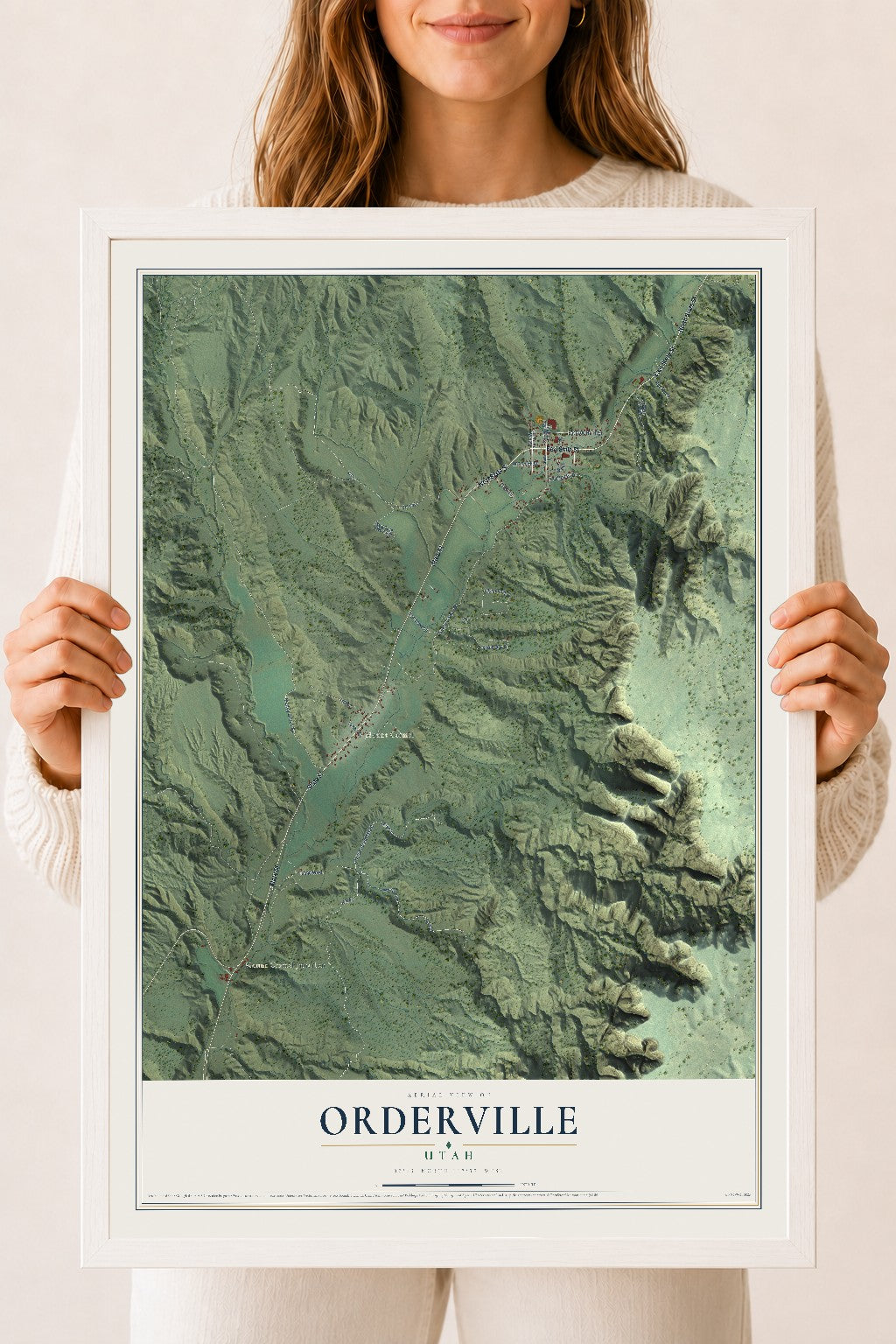 Map of Orderville, Utah, 18 x 24 inch print in a white wood frame