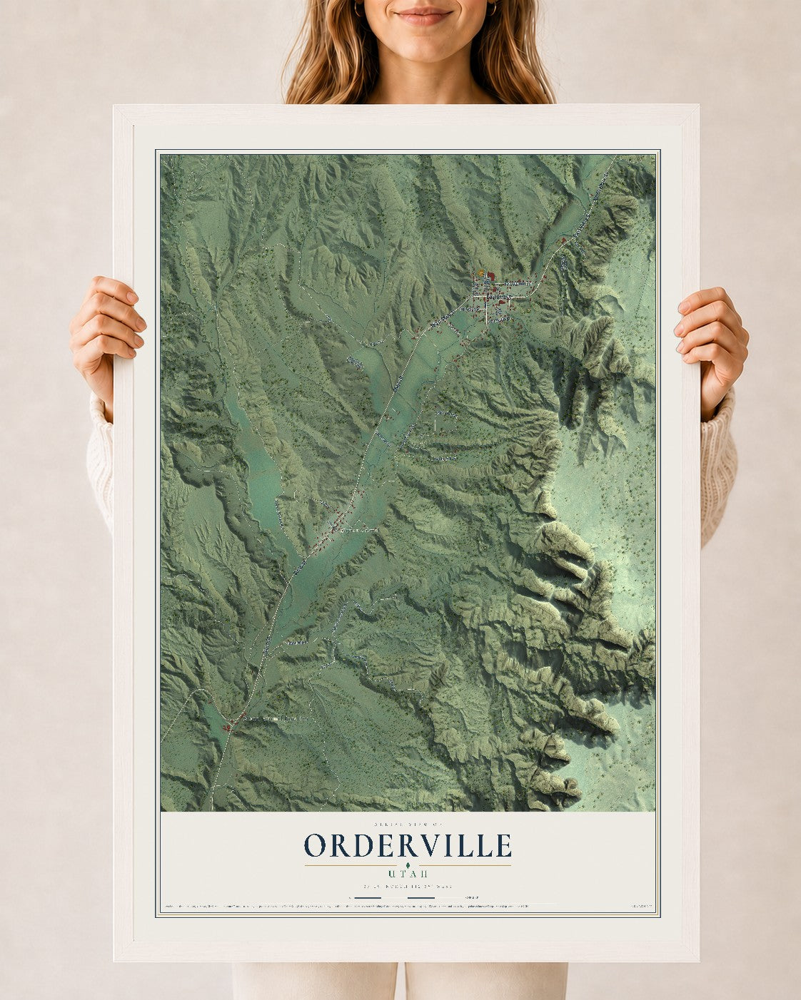 Map of Orderville, Utah, 24 x 36 inch print in a white wood frame