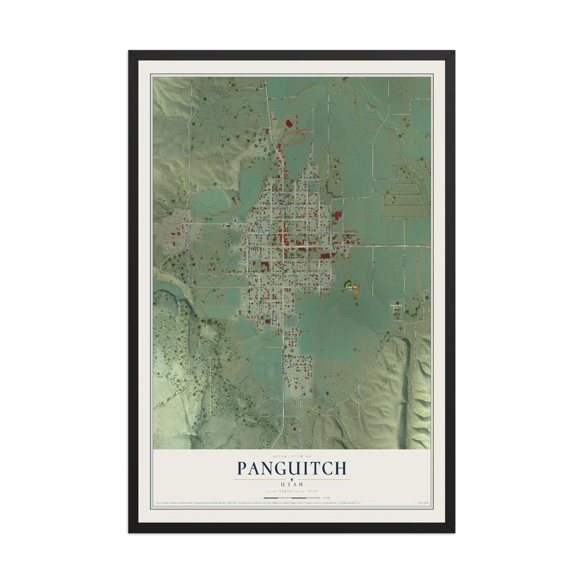 Map of Panguitch, Utah, 12 x 18 inch print in a black wood frame