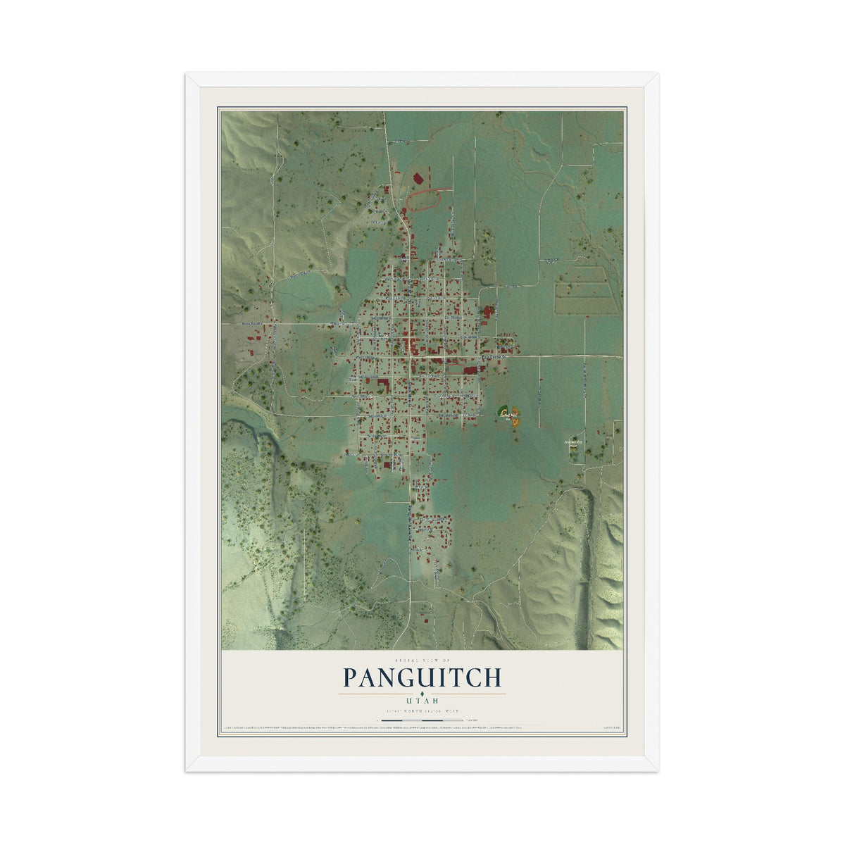 Map of Panguitch, Utah, 12 x 18 inch print in a white wood frame