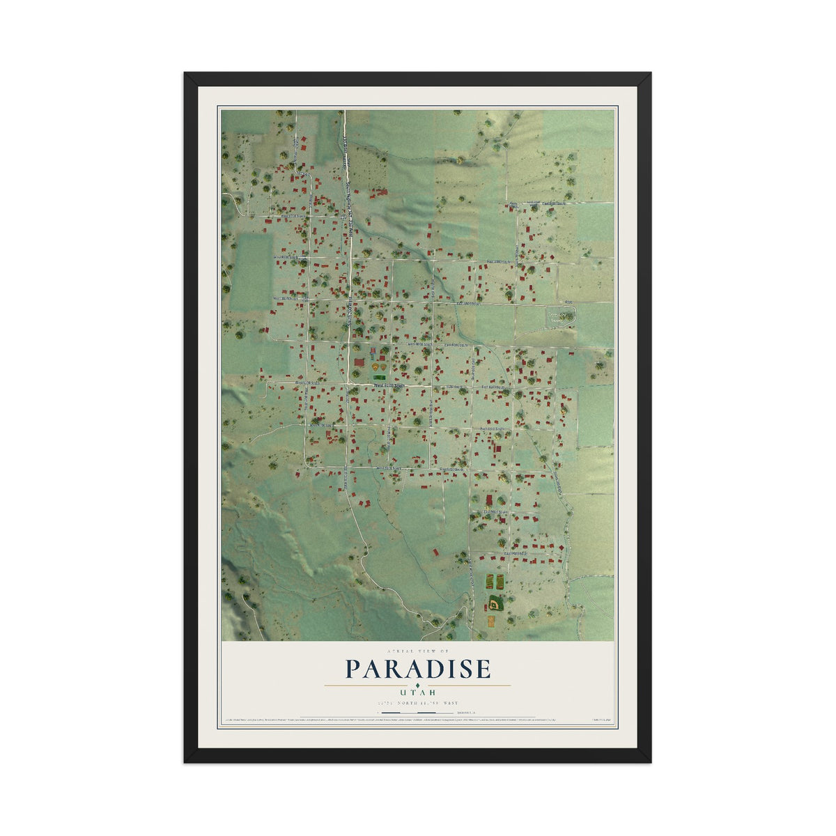 Map of Paradise, Utah, 12 x 18 inch print in a black wood frame