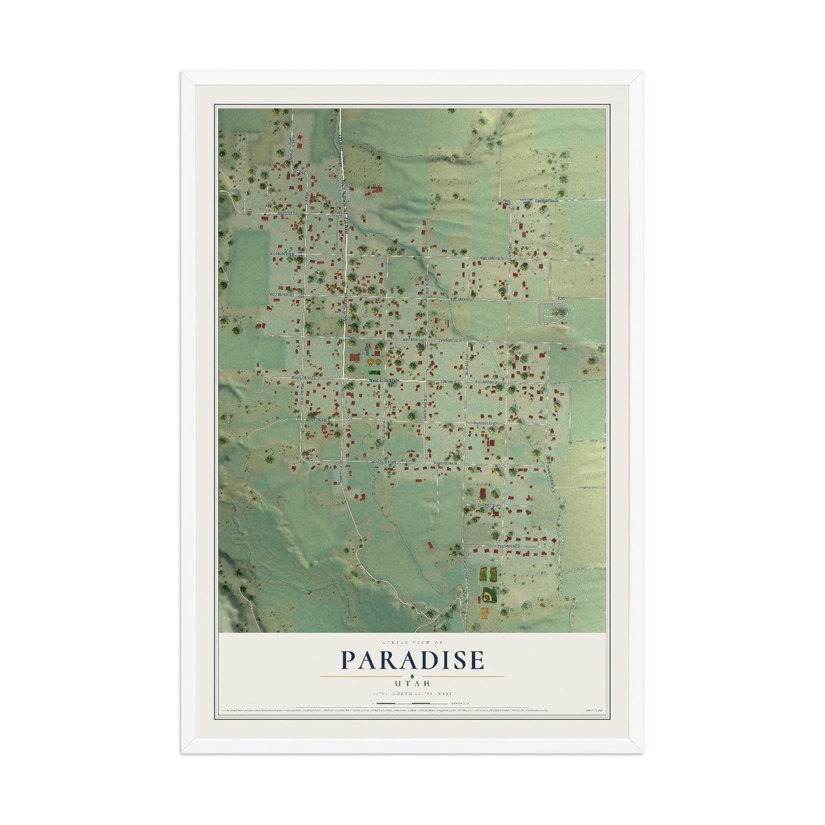 Map of Paradise, Utah, 12 x 18 inch print in a white wood frame