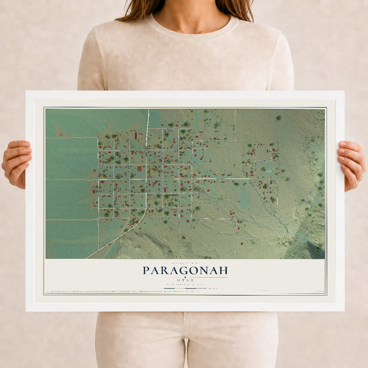 Map of Paragonah, Utah, 12 x 18 inch print in a white wood frame