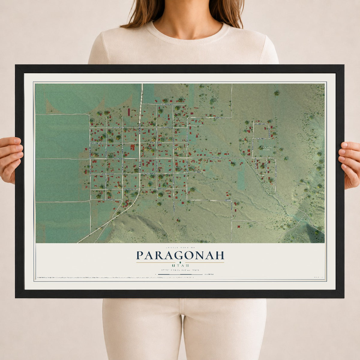 Map of Paragonah, Utah, 18 x 24 inch print in a black wood frame