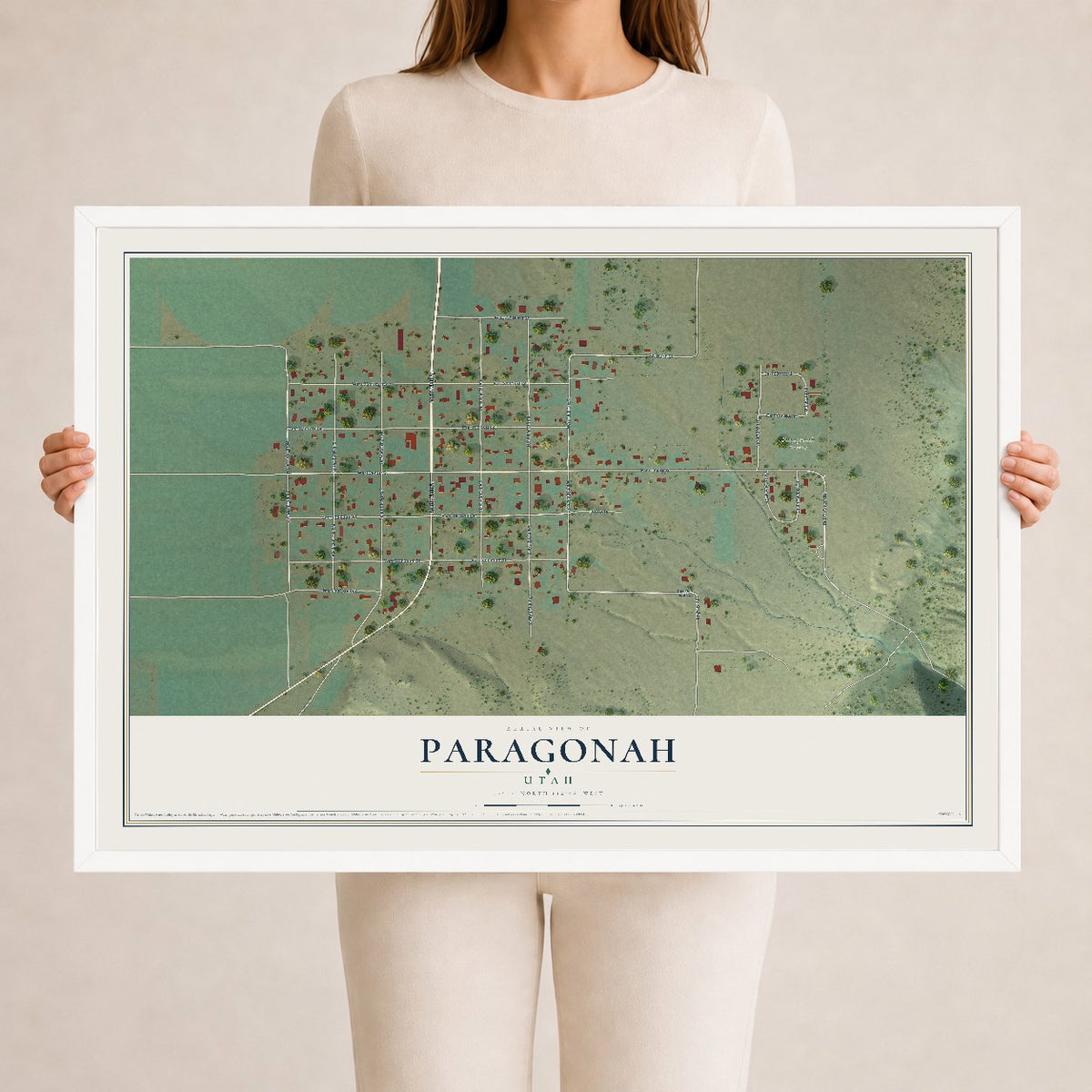 Map of Paragonah, Utah, 24 x 36 inch print in a white wood frame