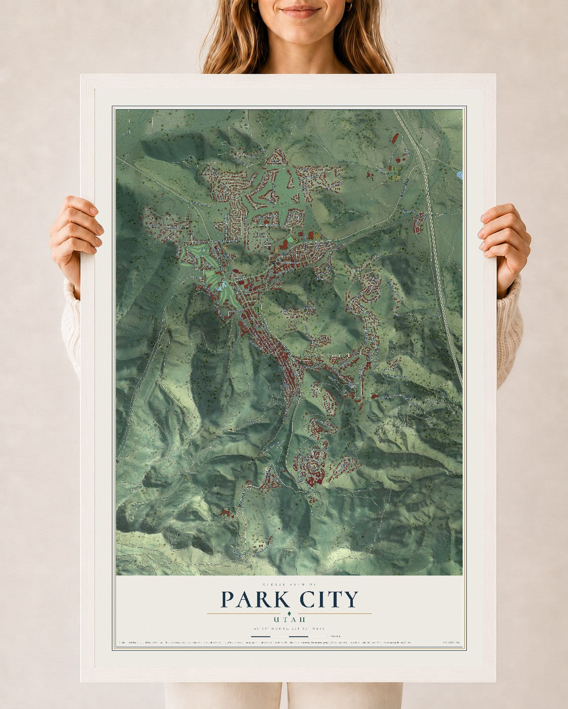 Map of Park City, Utah, 24 x 36 inch print in a white wood frame