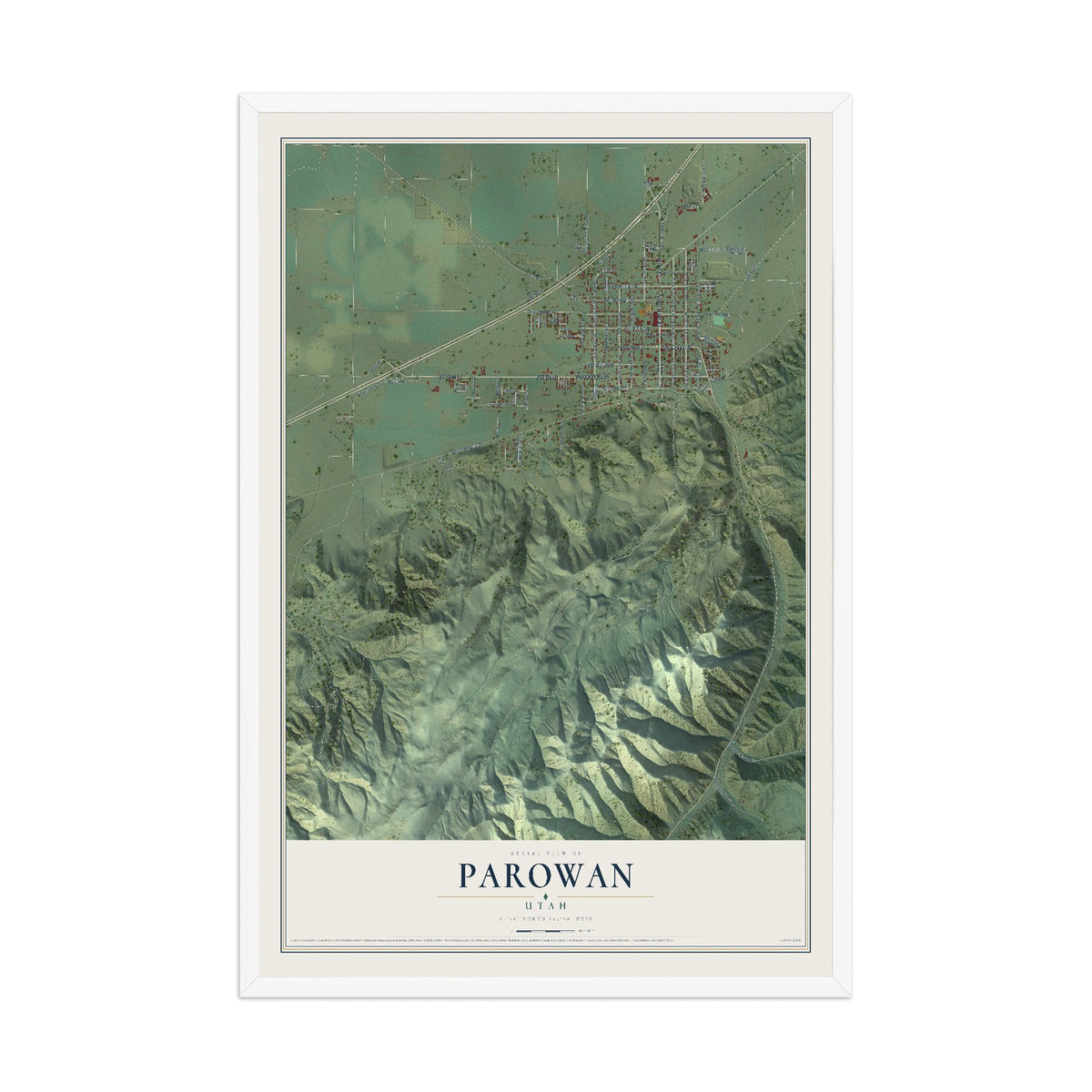 Map of Parowan, Utah, 12 x 18 inch print in a white wood frame