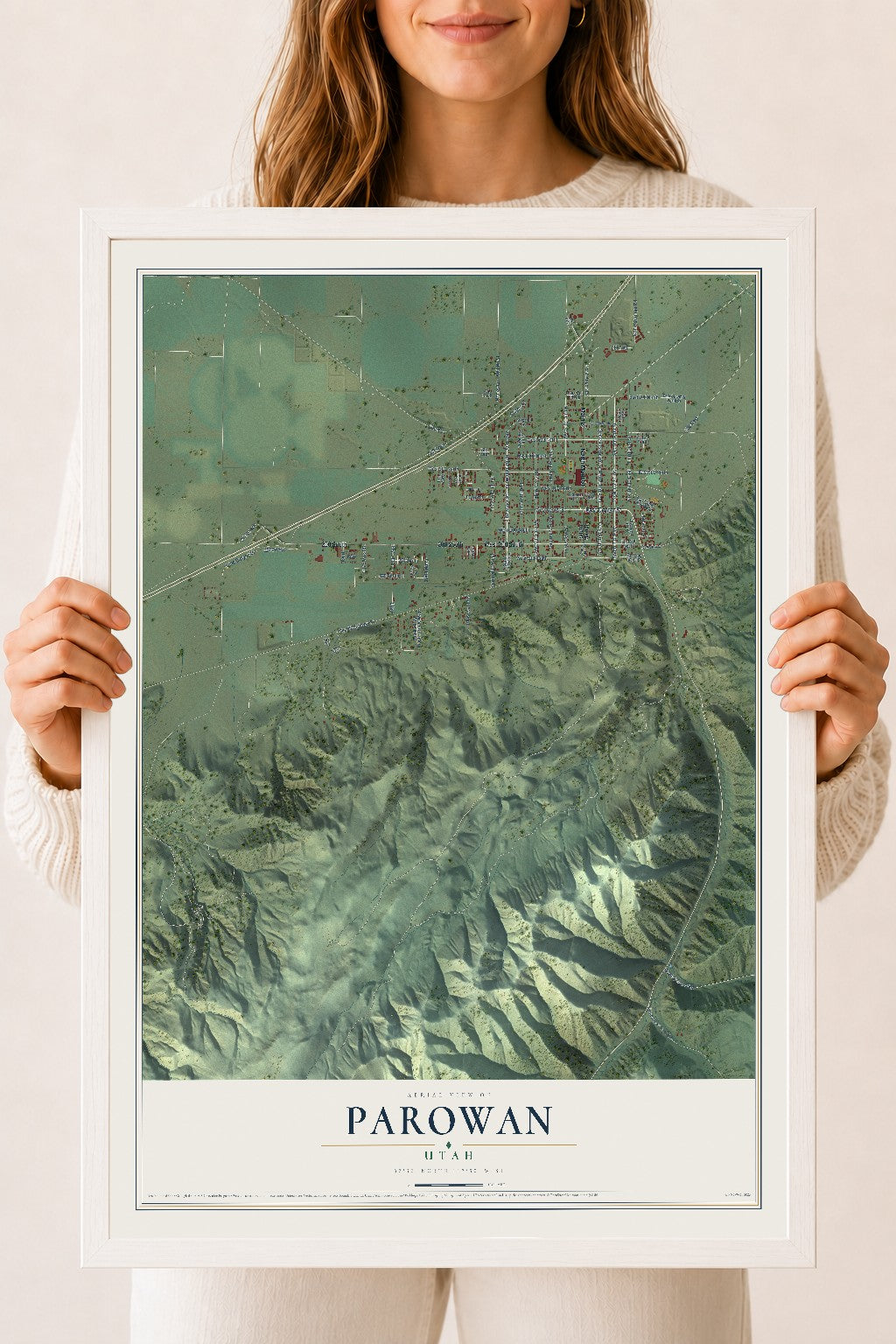 Map of Parowan, Utah, 18 x 24 inch print in a white wood frame