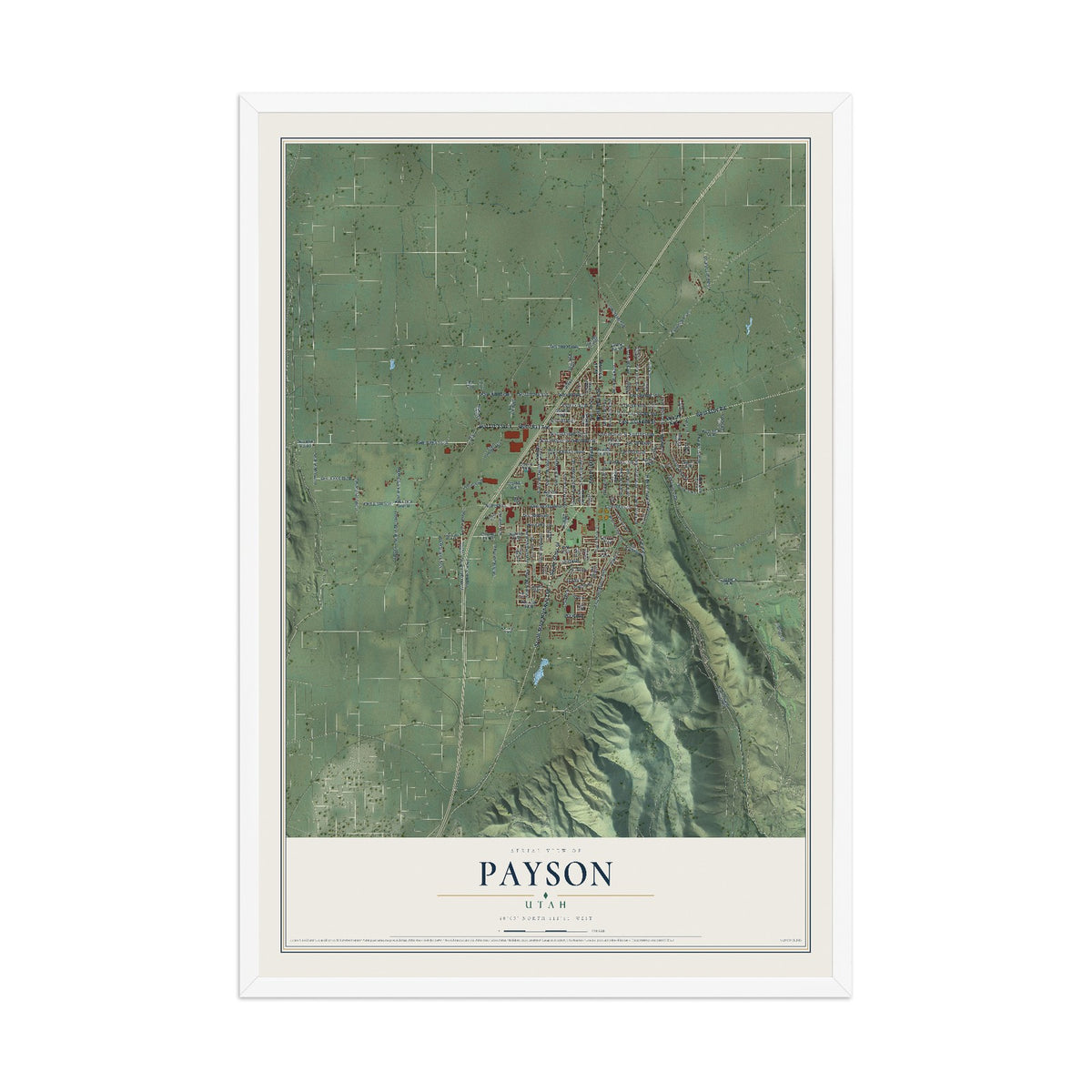 Map of Payson, Utah, 12 x 18 inch print in a white wood frame