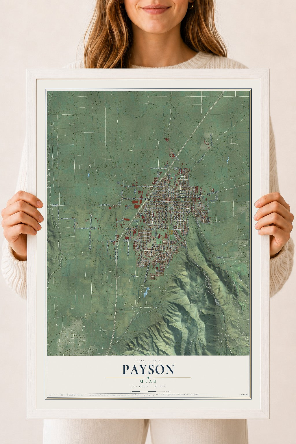 Map of Payson, Utah, 18 x 24 inch print in a white wood frame
