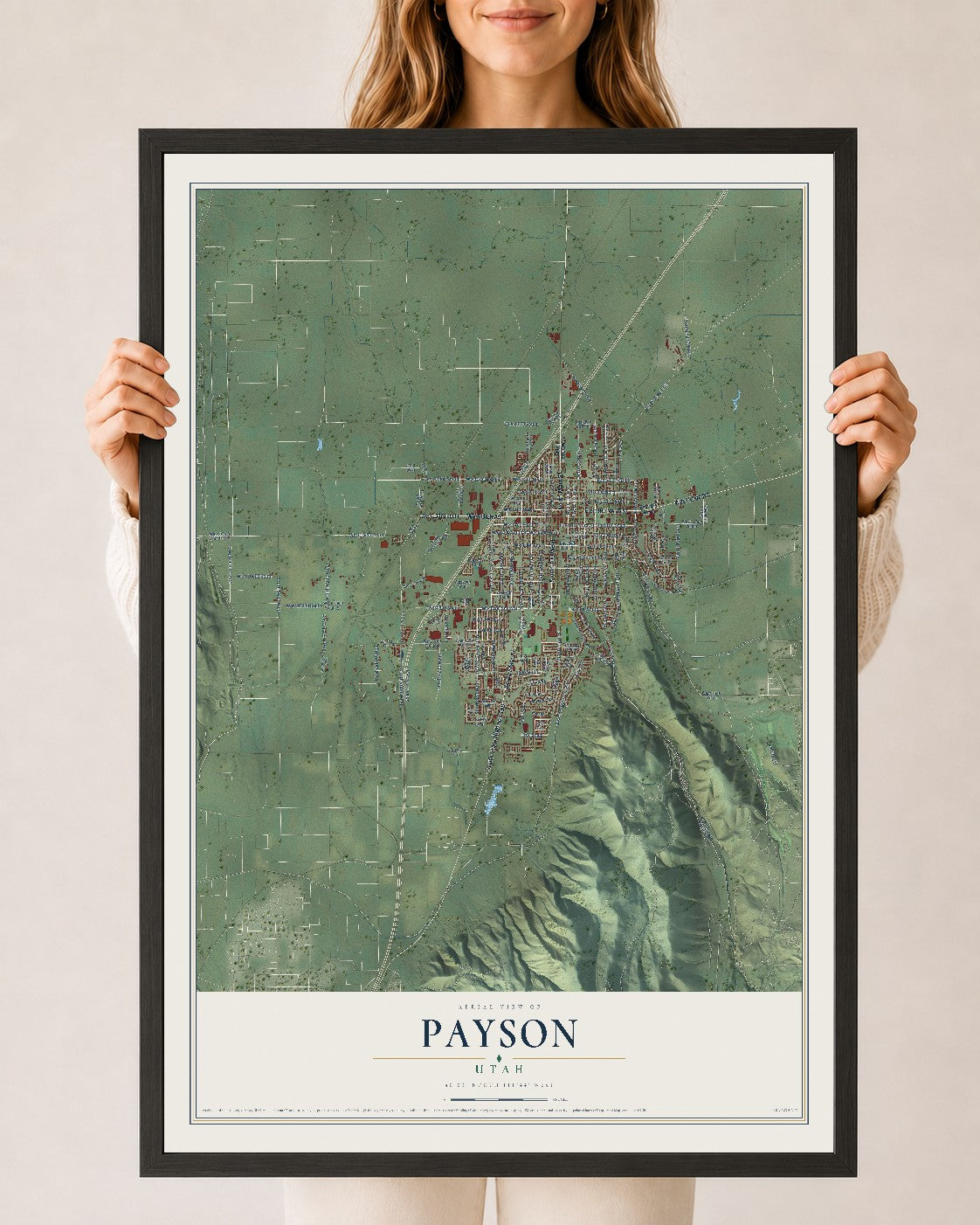 Map of Payson, Utah, 24 x 36 inch print in a black wood frame