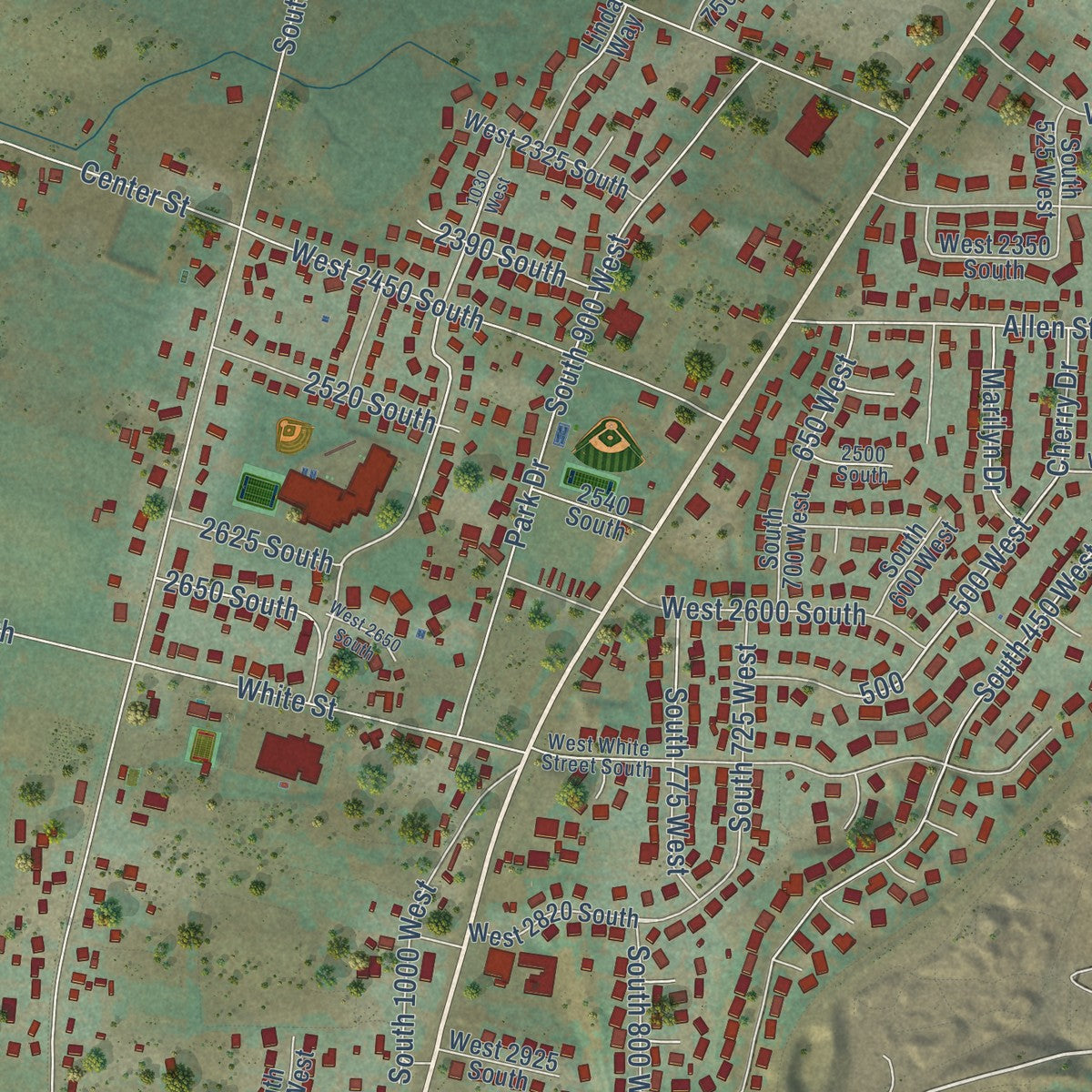 Close-up of the map of Perry, Utah print showing street and building detail