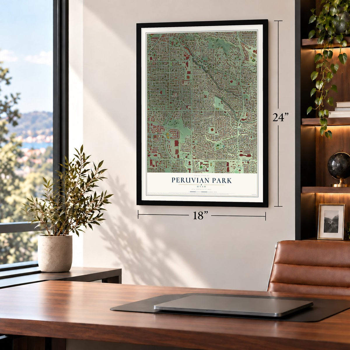 Peruvian Park, Utah map, 18 x 24 inch print in a black frame in a home office