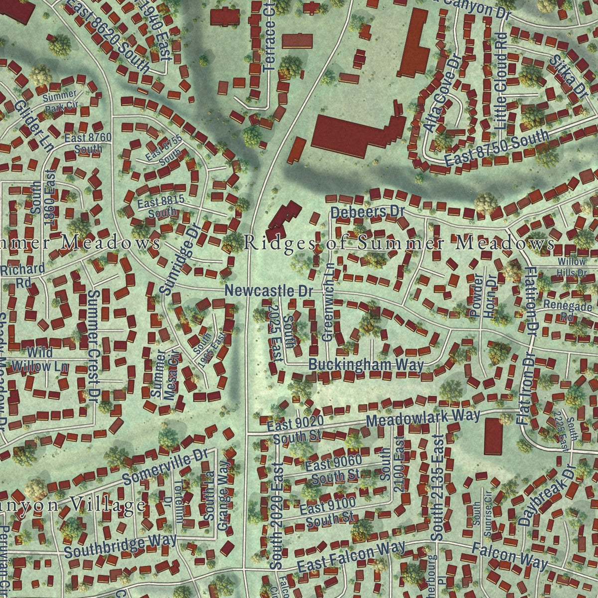 Close-up of the map of Peruvian Park, Utah print showing street and building detail