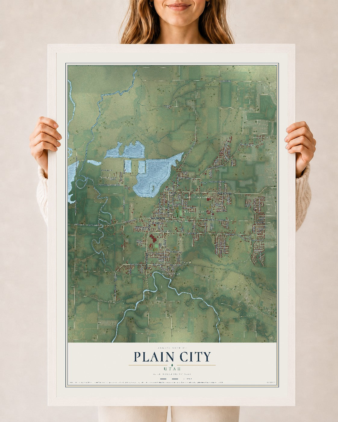 Map of Plain City, Utah, 24 x 36 inch print in a white wood frame