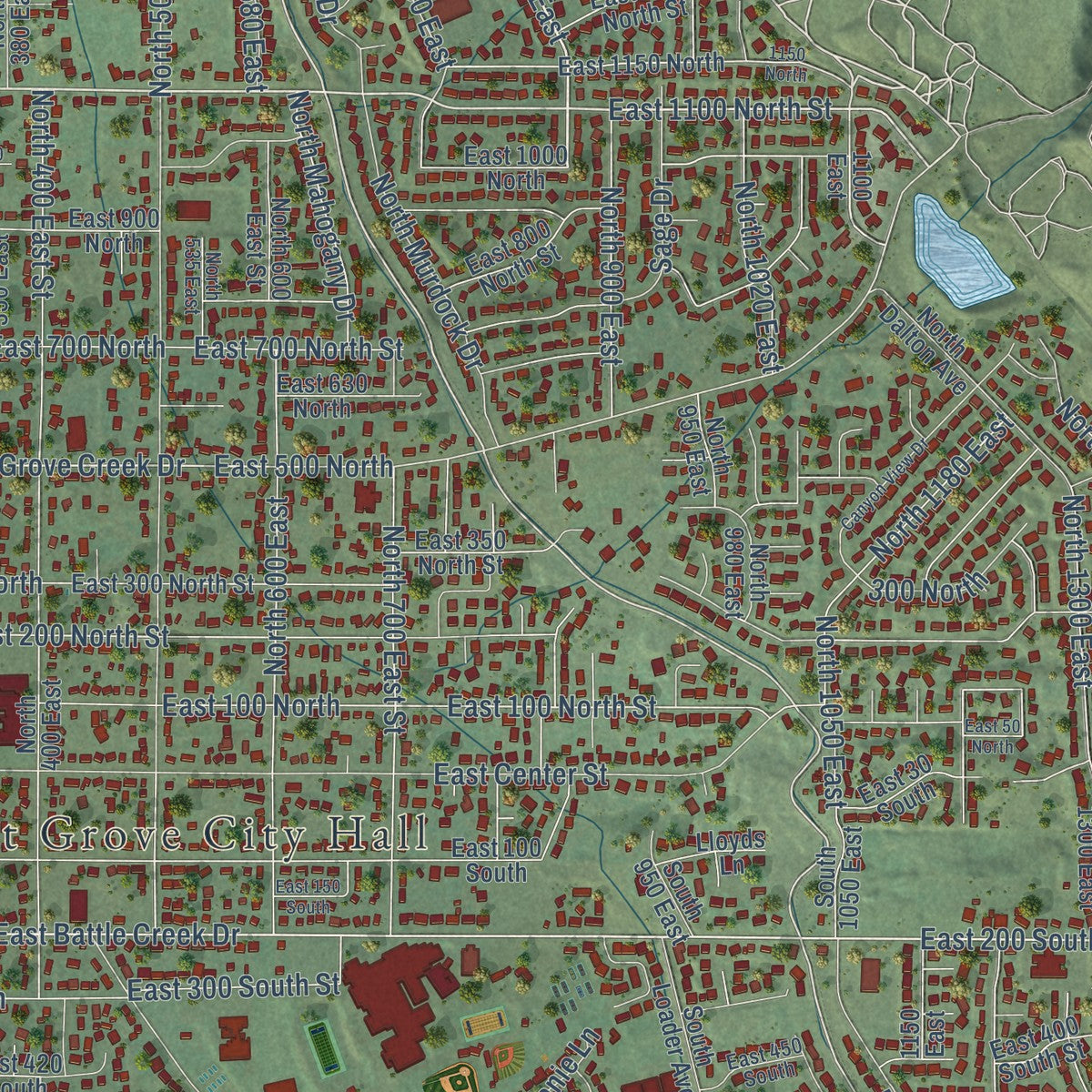 Close-up of the map of Pleasant Grove, Utah print showing street and building detail