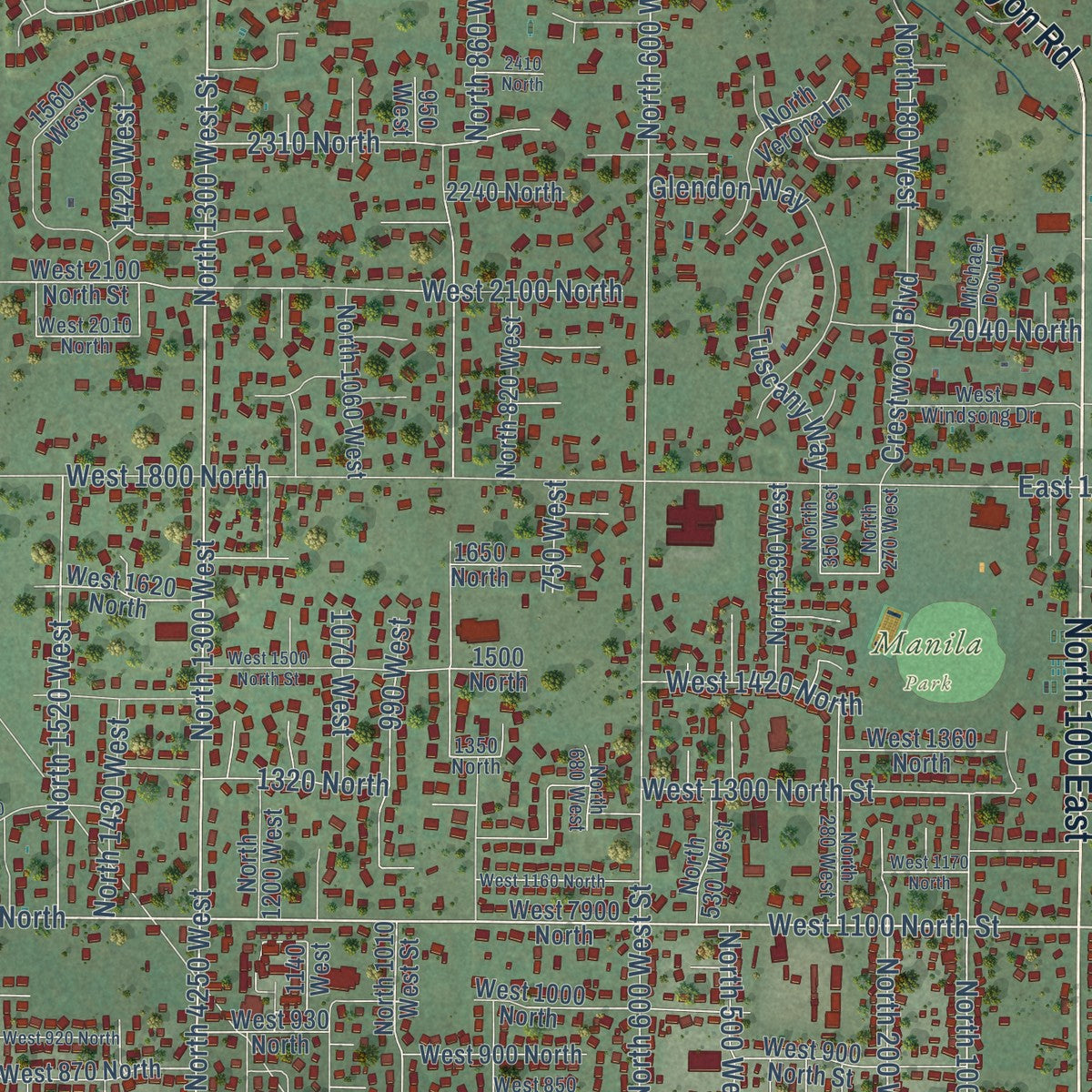 Second close-up of the map of Pleasant Grove, Utah print showing more streets and buildings