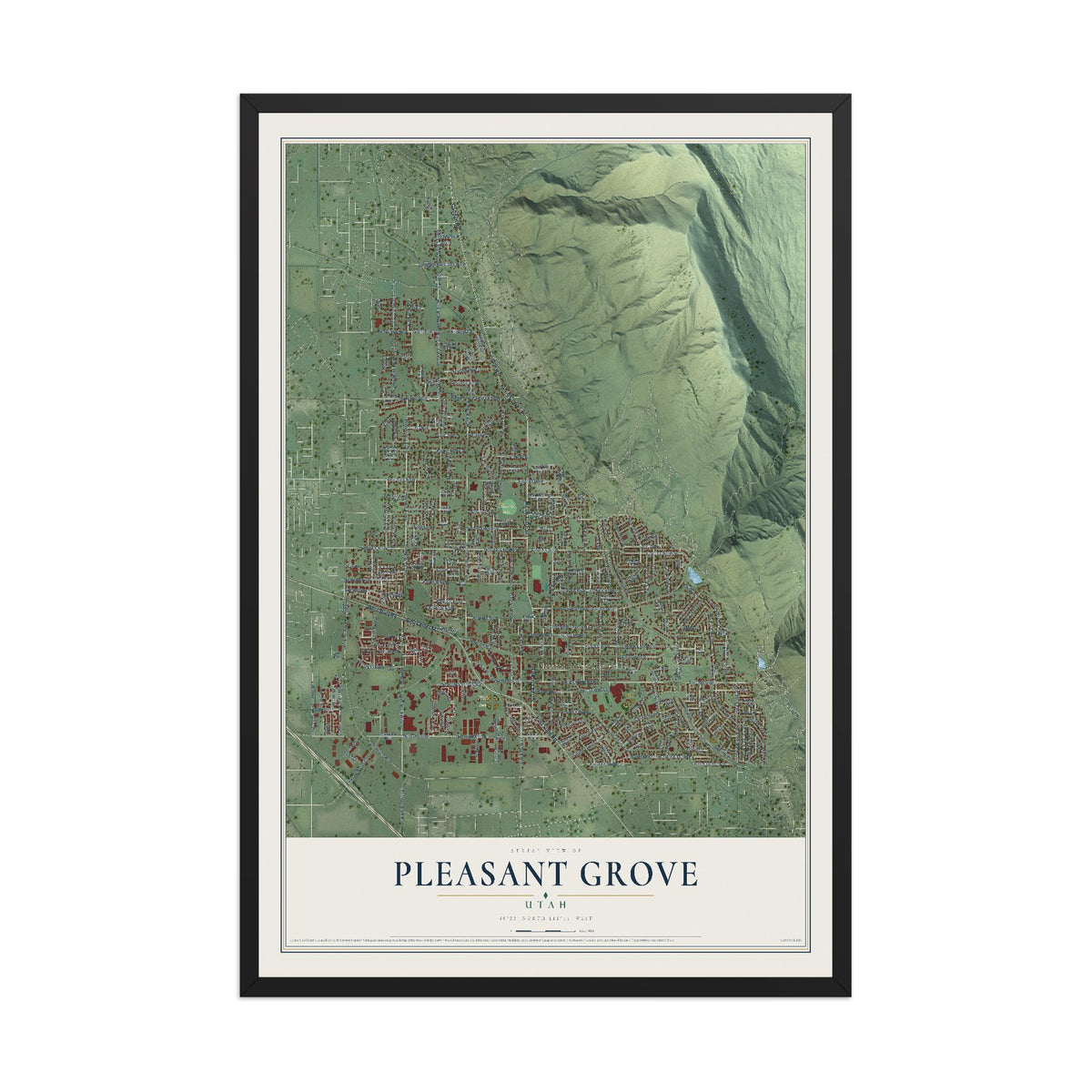 Map of Pleasant Grove, Utah, 12 x 18 inch print in a black wood frame